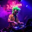 Placeholder: A DJ performing at dance club, his name DJ JüRGEN and looks crazy, crazy green hair with crazy outfit. Neon lights and smog, DJ JüRGEN SIGN ON WALL