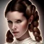 Placeholder: stunning half-body-portrait photo of princess leia from Star Wars played by Carrie Fisher, wlop, artgerm, akihiko yoshida, and liang xing, detailed face, doe eyes, intricate braided hair style, symmetrical eyes, trending on artstation, highly detailed, white dress, dynamic pose, intricate outfit, space ship and galaxy background