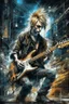 Placeholder: A ultra realistic poster of a rock and roll guy playing electric guitar , having word sign as “street art ”, by Daniel Castan Carne Griffiths Andreas Lie Russ Mills Leonid Afremov, black background, fine lines draw, smile, standing in the temple