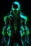 Placeholder: Alien creature body has cybernetic enhancements.neon circuitry underneath,LED lights. leather jacket with glowing neon symbols and patches.eyes glow with an intense,captivating light.