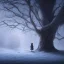 Placeholder: sad, abandoned, miserable dog tied to a tree outside with family home and a dark, robed person in the background, winter, loneliness, 8k resolution, high-quality, fine-detail, iridescent, intricate, digital art, detailed matte, volumetric lighting, illustration, 3D octane render, brian froud, howard lyon, selina french, anna dittmann, annie stokes, lisa parker, greg rutowski