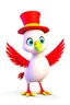 Placeholder: Animated bird standing. Wearing a red hat. With big white wings.