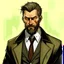 Placeholder: create an male character based on john constantine, whith brown hair, long beard, flat grey background black suit and black tie, older, large square jaws, realistic, shorter slick stile hair, long beard more brown on hair more fat