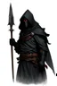 Placeholder: fantasy style cloaked figure wearing a slightly visible plain black mask carrying a spear on his back red eyes