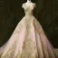 Placeholder: stunning couture gown designed by Marchesa inspired by fairytales, realistic, detailed, high quality, intricate, dreamlike background, soft pastel colors