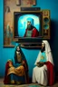 Placeholder: two paintings with two people with tv, in the style of reimagined religious art, quirky sense of humor, 8k, hieratic visionary, photojournalism, distinctive characters, cryptopunk