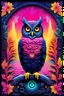 Placeholder: a pink and yellow snow owl, 3D embossed textured ethereal image; midnight hues, extreme colors, snow owl by a river; trippin', psychedelic, groovy, art nouveau; indica, sativa, leaves, gig poster art, macabre, eldritch, bizarre, extreme neon colors, mixed media, velvet, blacklight, uv