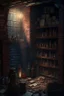 Placeholder: A dark, dingy brick dungeon, with a small hanging shelf holding six vintage bottles of various sizes, and books scattered on the floor