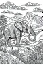 Placeholder: DRAW TO COLORING OF A ELEPHANT ON A MOUNTAIN, BLACK AND WHITE CARTOON STYLE, LOW DETAILS, THICK LINES, NO SHADING LINES