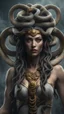 Placeholder: medusa goddess portrait, best quality,4k,8k,highres,masterpiece:1.2),ultra-detailed,(realistic,photorealistic,photo-realistic:1.37), snakes as hair,scales on the face and body of the goddess, mcold and stoic expression,fierce and powerful pose, idark background with smoke and mist, Greek mythology theme