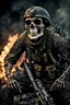 Placeholder: ultra high definition image of an attractive but scary looking skeleton, rising from the ashes, a war veteran, partially humanlike characteristics, army beret and ripped amo wear, very detailed, chaotic background, dramatic close-up action shot of him on a burned out war tanker with a torpedo on shoulder ready to fire and ammo ,gothic and dark theme, 12k