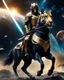 Placeholder: Realistic photography take photoshoot from far,front view of a humanoid warrior tiger wearing clothing armor golden his hand hold sword,on riding a black horse , flying in space, on galaxy surrounded by planets