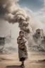 Placeholder: close young palestinian girl with a kuffeah. Large clouds of smoke rise from the land of gaza . With demolished buildings in the background. Made in the palestinian style