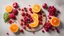 Placeholder: Delicious fruit on round wood chopping board, mango pomegranate raspberries papaya oranges passion fruits berries on off white concrete background, selective focus