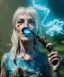 Placeholder: Ultra realistic wonderland photo, happy blonde woman smoking a pipe, old school tattoo, white rabbits, blue circus dress style, smoke, marijuana garden, glow eyes, perfect iris, party people, soft color, highly detailed, unreal engine 5, ray tracing, RTX, lumen lighting, ultra detail, volumetric lighting, high definition.