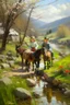 Placeholder: Spring in skåbu, sun, close up portrait of cute children walking in mountains by stream, horse, broken old tractor, prize winning oil painting