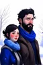 Placeholder: Winter nature scene, dark haired couple, man with short black beard, blue eyes, sketch