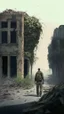 Placeholder: ruined street with bushes and man