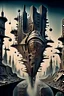 Placeholder: a stunningly weird image of a futuristic metropolis using Salvador Dali's paranoiac-critical method, where buildings and structures appear to melt into the skyline cityscape is filled with floating mad, twisted sharp metal shapes that interact with the buildings and each other, forming a surreal tableau of a dreamlike reality. neu-steampunk vibe, essence of the scene in a cinematic manner, with dramatic shadows that enhance the distorted perspectives and bizarre
