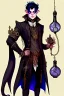 Placeholder: Young tiefling nobleman alchemist with black hair horns and large reptilian tail steampunk jewelry and potion bottles in the style of Charles Addams