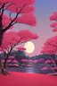 Placeholder: a land scape of Japanese garden, big red moon, red light, black sky, starlight night , surrounded by cherry blossom trees, cel shading