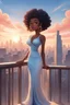 Placeholder: The scene opens onto a serene balcony overlooking a bustling city skyline. The sky above is painted in soft hues of blue and peach as the sun begins its descent, casting a warm glow over everything it touches. In the foreground stands a captivating figure, airbrush chibi cartoon curvy black woman exuding confidence and elegance. She is adorned in a flowing white knit maxi dress that hugs her curves in all the right places, accentuating her silhouette. Her choice of footwear is equally stunning