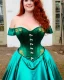 Placeholder: Magic princess with long auburn hair in a big teal green and gold satin ballgown corset off shoulder top casting magic