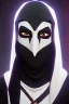 Placeholder: Planet Mercury portrayed as a masked human wearing medieval robes, the right side of the mask is black with open white eye, the left side of the mask is white with closed eye