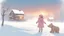 Placeholder: Carton style Little girl with bigg teddy bear in snow filled village with beautiful sunset