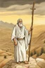 Placeholder: Moses stands on a mountain and holds a crooked wooden staff, at his feet are stone tablets on which the ten commandments of God are written, and below is a valley with the cities of Palestine where milk and honey flow. sand, palm and mountains. There is a silhouette of God in the sky. Everything is painted in oil painting with high-quality drawing of details