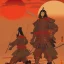 Placeholder: human Samurai Japanese Ukiyo-e, red sun in the background, walking in the mountains