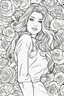 Placeholder: modern cartoon drawing style high contrast coloring page of a happy beautiful woman with long hair, surrounded by roses, close up head shot, dynamic pose, upper body portrait, illustration, adult coloring page, thick outline, no details