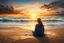 Placeholder: A woman is sitting on the beach near the ocean, with the waves soothing backdrop, peaceful and relaxing atmosphere, sunset, detalied, high textures, photorealistic