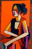 Placeholder: painting of a tired woman sitting on a chair, cubist vibe, sleeveless, oilpaint, variations around female, scarlet and orange blast color dynamics, 1970s philippines, family portrait,centre composition, viet aspect