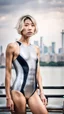 Placeholder: beautiful anorexic asian girl, total shot, shiny silver triathlon swimsuit, short blond wavy bob hair, blurred city background