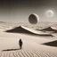 Placeholder: person alone in planet ,analog ,b&w ,Dune-Desert Planet Arrakis: Image of a barren, sandy desert planet with two moons in the sky, conveying the harsh environment of Arrakis., Alexandro Jodorowsy Art,Juan Gimenez Art,Space Art,Sci-Fic Art,Dark Influence,NijiExpress 3D v2,Kinetic Art,Datanoshing,Oil painting,Ink v3,Splash style,Abstract Art,Abstract Tech,CyberTech Elements,Futuristic,Epic style,Illustrated v3,Deco Influence,Air Brush style,drawing