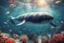 Placeholder: dinamycally swimming antropomorph cat whale in the sea, fishes, corals, shells, bubbles in sunshine, ethereal, cinematic postprocessing