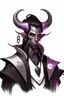 Placeholder: En Young male Black skin black hair tiefling White Wizard with large Black horns with a bit of Purple horns same size going from the front to the back. glowing Silver and White symbols