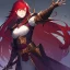 Placeholder: red haired elven warrior woman with a halberd