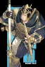 Placeholder: A handsome 30 year old knight, black hair, male bob haircut, in black-and-gold plate armor, golden katana in both hands, no beard, european, proper arms