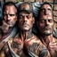 Placeholder: close up 35mm lens, top view of three gipsy prisoners 45 years old sleeping laying down inside a dirty jail, ugly, bullneck, strong beefy, in tank top, manly chest, tattoo, misery and poverty, photorealistic, ultradetailed, 32keyes