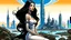 Placeholder: exotic sci-fi pin-up girl, with long dark hair, on an alien planet with cloud trees, tall spires and buildings