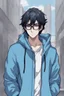 Placeholder: anime man with black hair in a blue hoodie with glasses