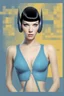 Placeholder: facial portrait -- an absolutely stacked, thin, petite, little female, who resembels Spock, with great big giant bazoombas, short, military-cut, buzz-cut, pixie-cut black hair tapered on the sides, bright blue eyes, wearing short sleeved, nylon, Turtleneck half shirt, blue jean mini shorts, heavy, black fishnet stockings, punk rock styled, platform boots, red lipstick, dark, emo, eye makeup, a black and gray gradated wall with fog in the background