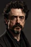 Placeholder: portrait of a man in his mid-thirties, dark goatee, salt and pepper hair, charming, similar to Robert Downey Junior, Caravaggio style