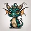 Placeholder: A whimsical, stylized crepy cute dragon with a round, expressive face and large, almond-shaped eyes against a textured transparent background. It has an elongated neck with horizontal stripes in various dark colors, a curly tail, little cute ears, and small dark shiny sprouts emerging from its head. weird cute illustration, logo art