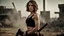 Placeholder: ducking beautiful slender caucasian female technician with a knife, looking away from camera, black tank top, well toned muscles, weathered face, scratched sand camo metal details, short brunette wavy bob haircut, dystopian, postapocalyptic city scene with smoke and explosions. giant satelite dish in the background