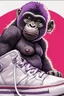 Placeholder: a profile picture of a small gorilla sitting in a purple coloured Converse sneaker, like it's a car, comic style