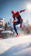 Placeholder: spider man jumping doing winter freestyle ski jump trick, bokeh like f/0.8, tilt-shift lens 8k, high detail, smooth render, down-light, unreal engine, prize winning