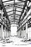 Placeholder: Abandoned industrial warehouses, line arts, manga style